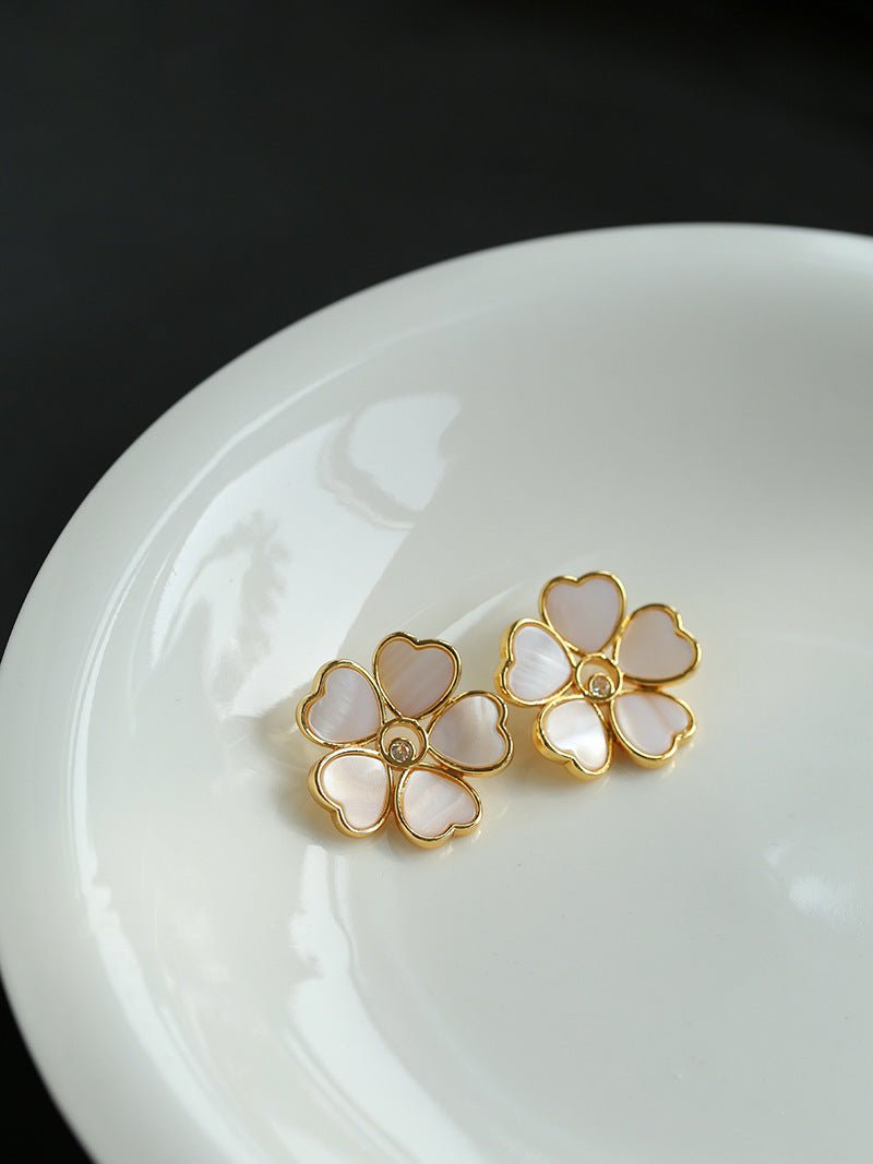 White Mother - of - Pearl Heart Blossom Stud Earrings - floysun