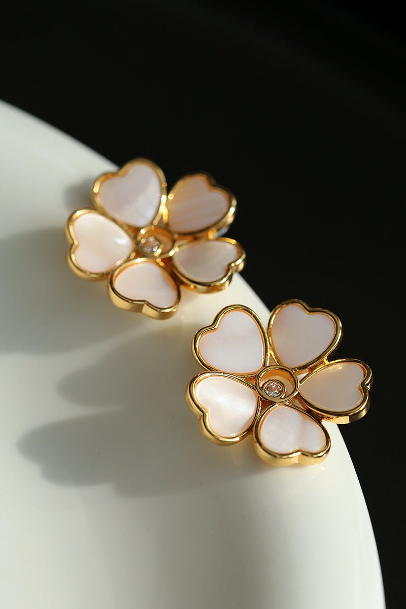 White Mother - of - Pearl Heart Blossom Stud Earrings - floysun