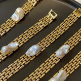 Vintage Wide Chain Baroque Pearl Bracelet