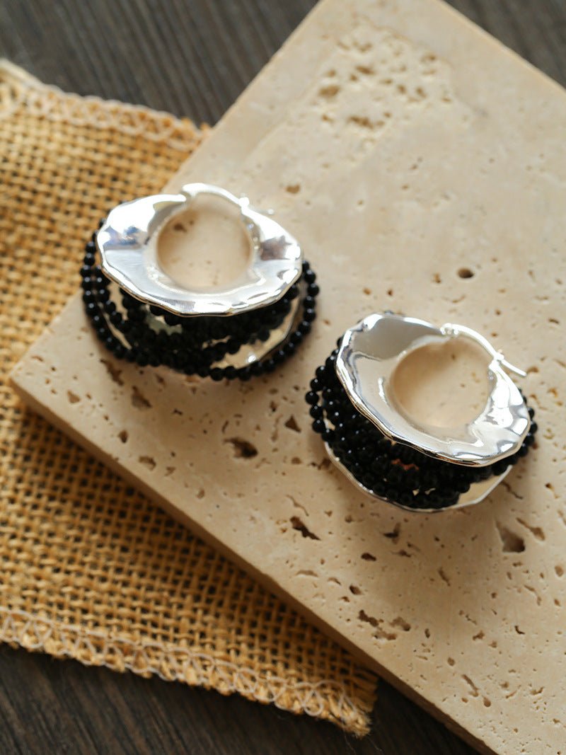 Wrapped Multi - Layer Round Ring Black Agate Earrings Pearl Earrings - floysun