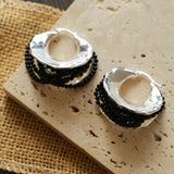 Wrapped Multi - Layer Round Ring Black Agate Earrings Pearl Earrings - floysun
