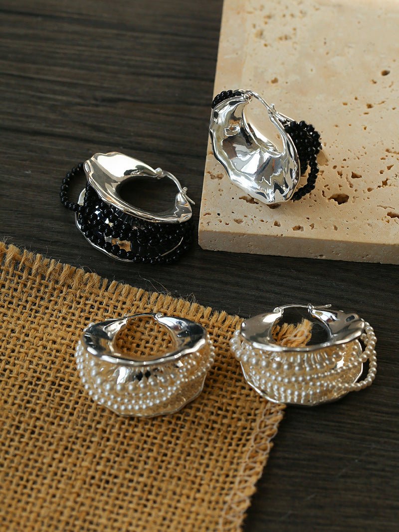 Wrapped Multi - Layer Round Ring Black Agate Earrings Pearl Earrings - floysun