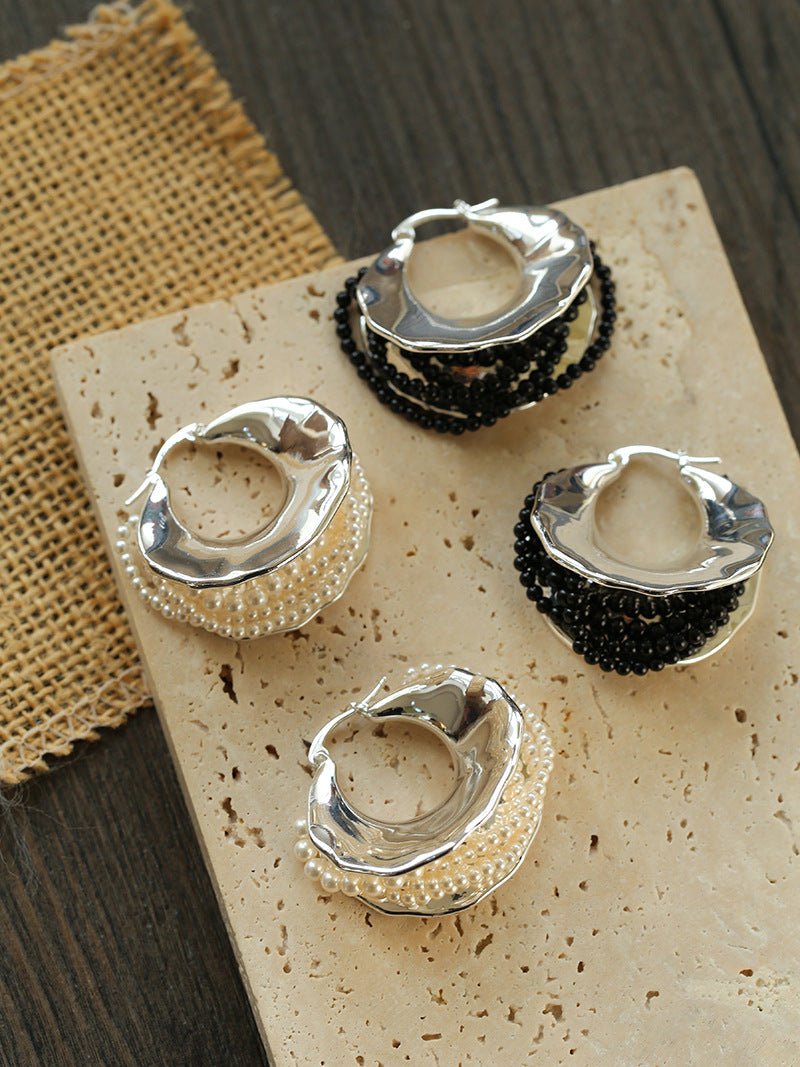 Wrapped Multi - Layer Round Ring Black Agate Earrings Pearl Earrings - floysun