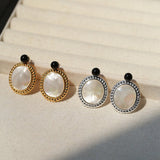Dark Night Black Agate Mirror White Mother of Pearl Earrings-Mother of Pearl Earrings