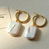 Square Baroque Pearl Drop Hoop Earrings