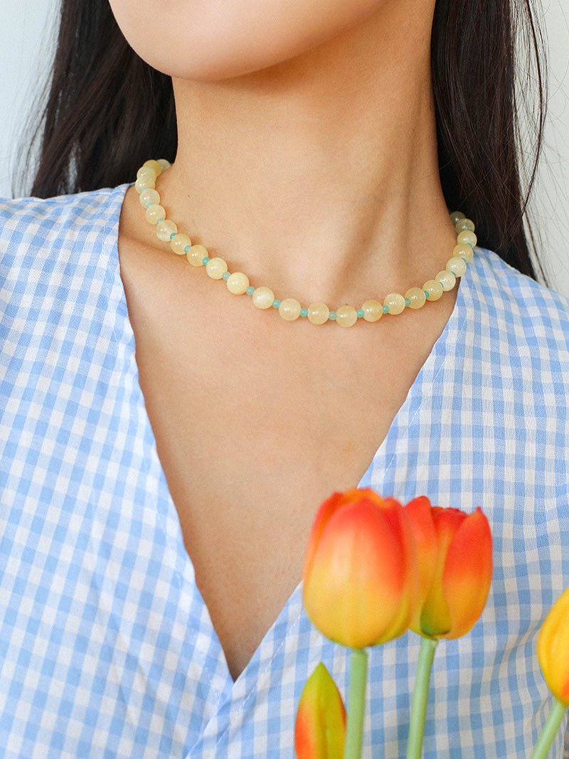 Yellow Natural Stone Amazonite Beaded Necklace - floysun