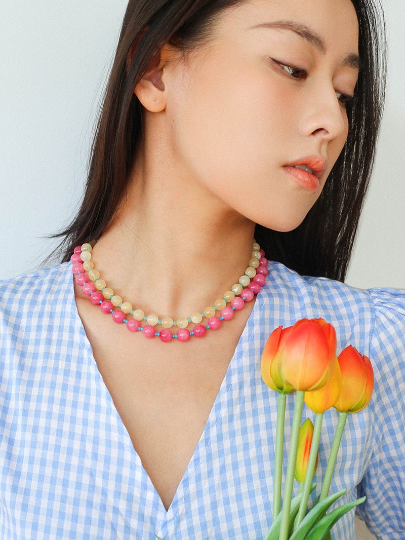 Yellow Natural Stone Amazonite Beaded Necklace - floysun