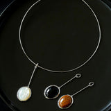 925 Silver Necklace: Wood-grain Marble&Black Onyx & White Mother of Pearl Pendant - floysun