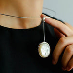 925 Silver Necklace: Wood-grain Marble&Black Onyx & White Mother of Pearl Pendant - floysun