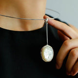925 Silver Necklace: Wood-grain Marble&Black Onyx & White Mother of Pearl Pendant - floysun
