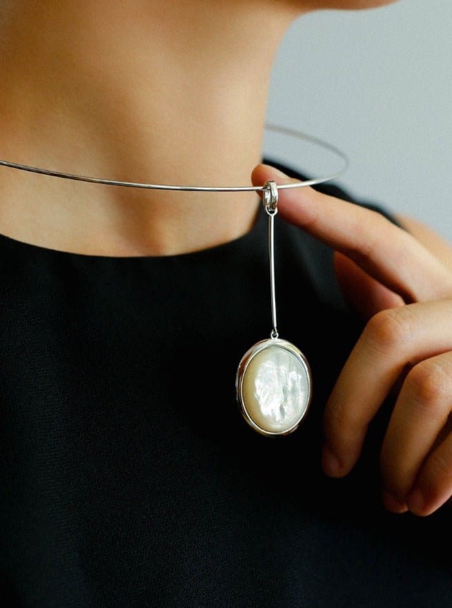 925 Silver Necklace: Wood-grain Marble&Black Onyx & White Mother of Pearl Pendant - floysun