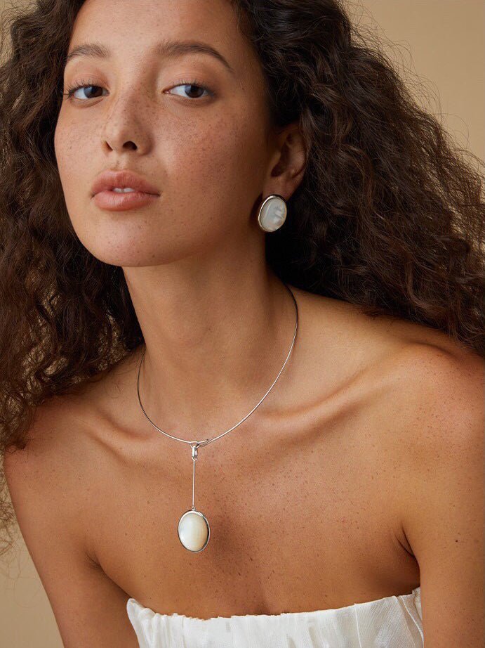 925 Silver Necklace: Wood-grain Marble&Black Onyx & White Mother of Pearl Pendant - floysun