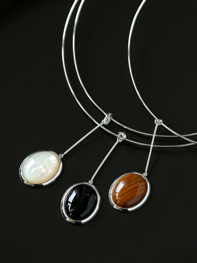 925 Silver Necklace: Wood-grain Marble&Black Onyx & White Mother of Pearl Pendant - floysun