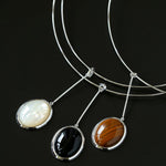 925 Silver Necklace: Wood-grain Marble&Black Onyx & White Mother of Pearl Pendant - floysun
