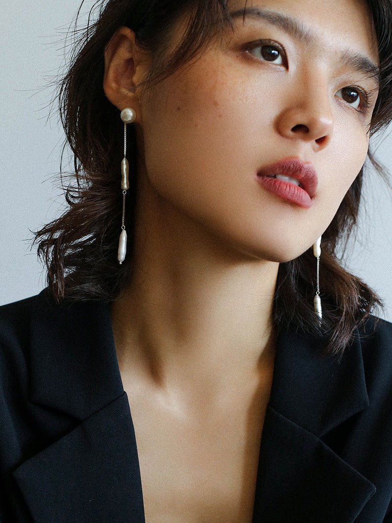 925 Silver Toothpick Pearl Long Earrings - floysun