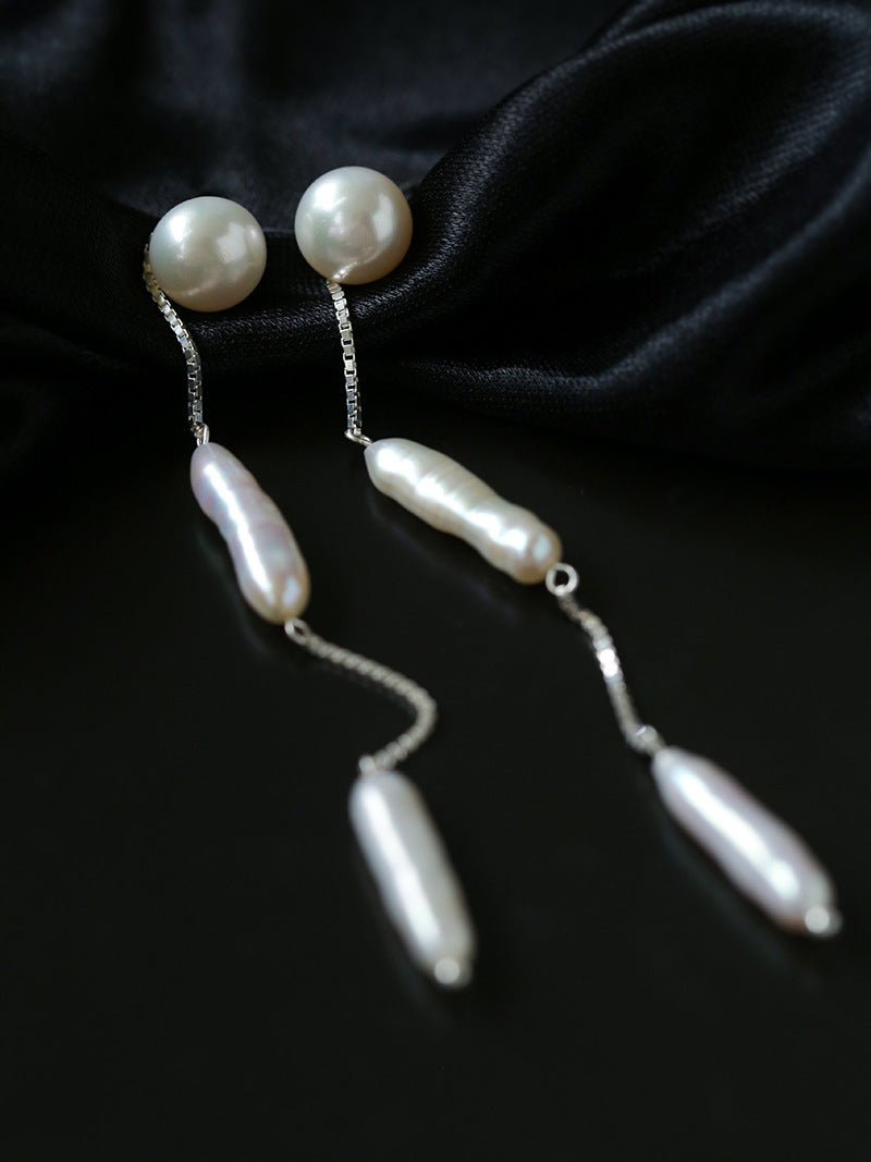 925 Silver Toothpick Pearl Long Earrings - floysun