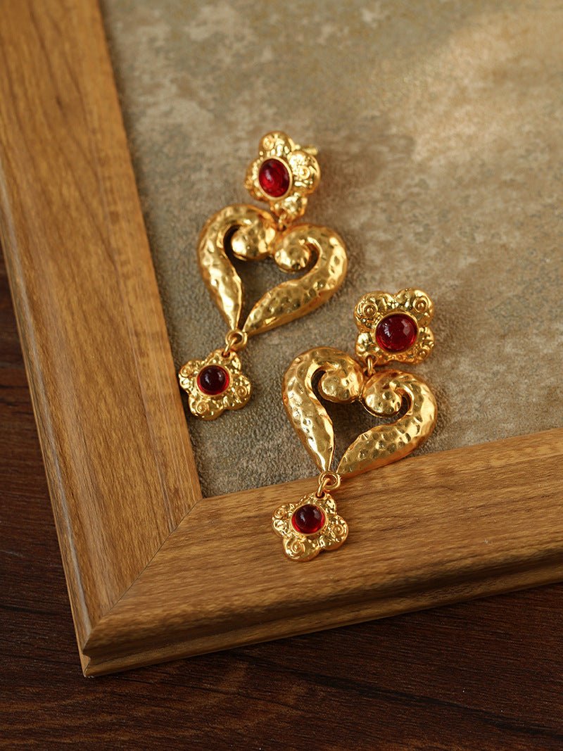Antique Geometric Heart Red Crystals Dangle Earrings - floysun