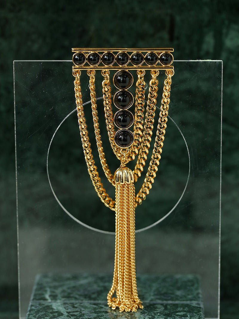 Ball Black Onyx Stone Tassel Brooches - floysun