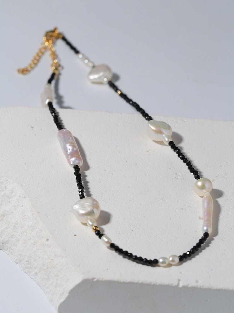 Black Spinel Toothpick Baroque Freshwater Pearl Clavicle Chain - floysun