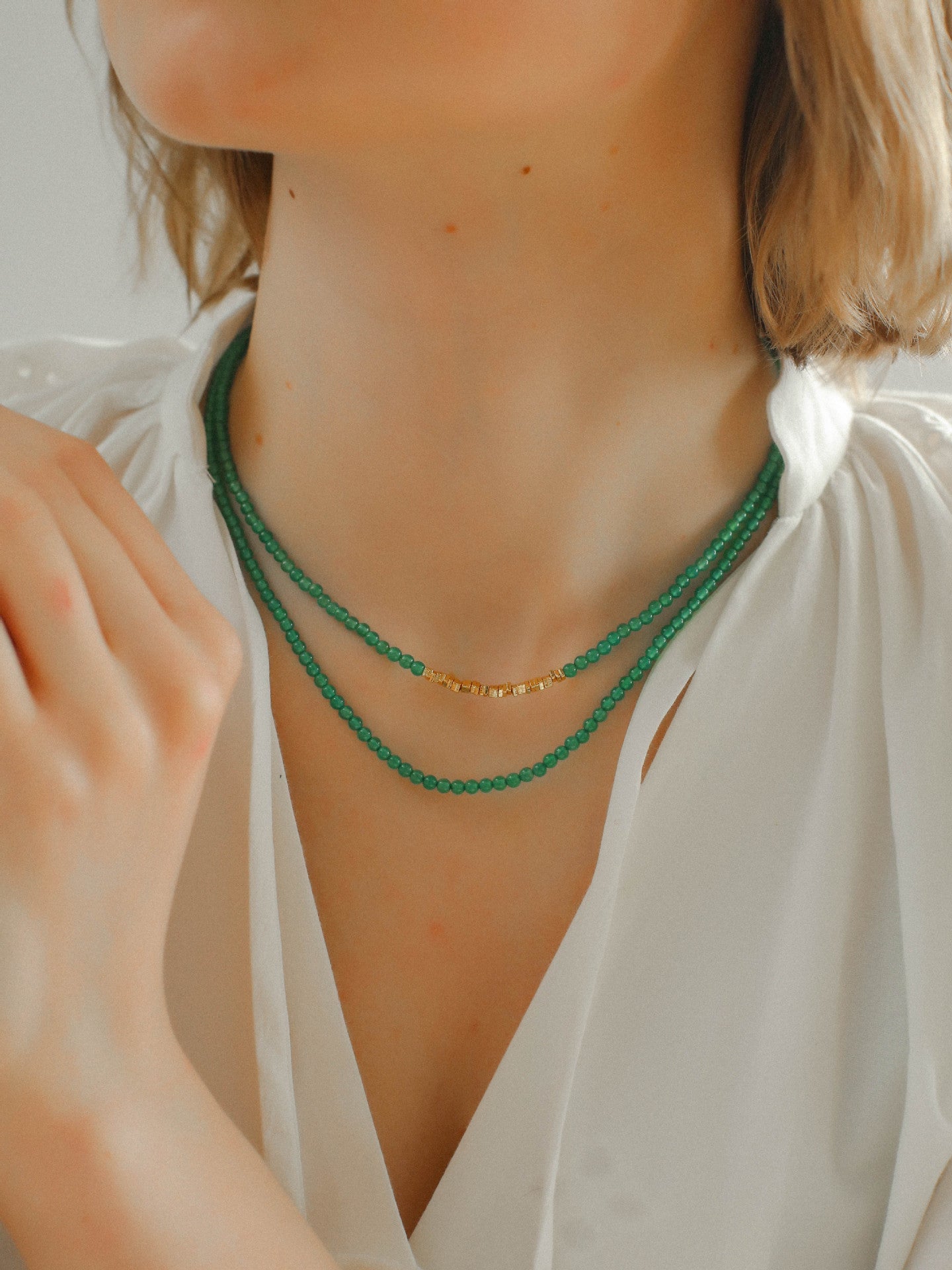 Broken Gold Green Agate Beaded Necklace - floysun