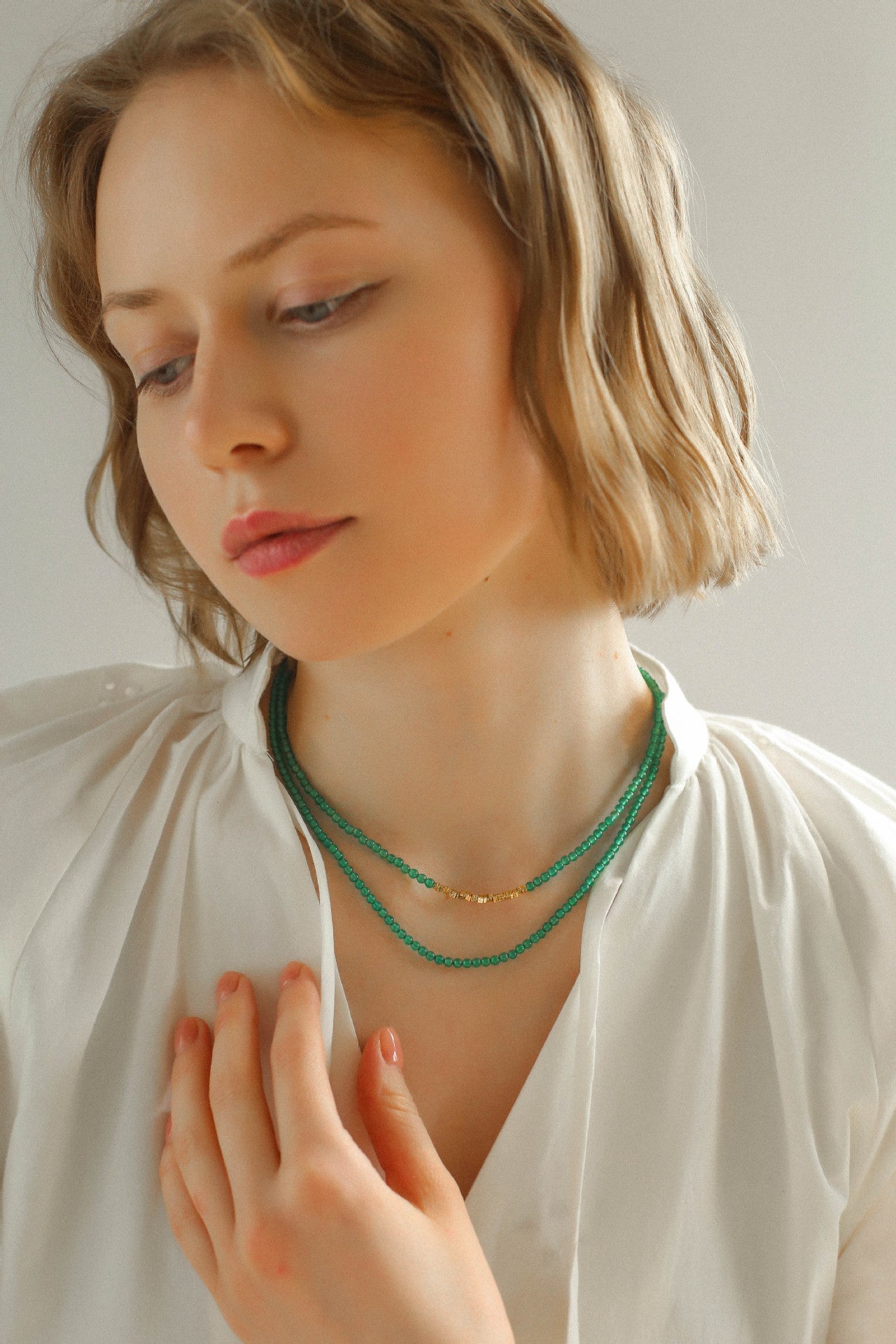 Broken Gold Green Agate Beaded Necklace - floysun
