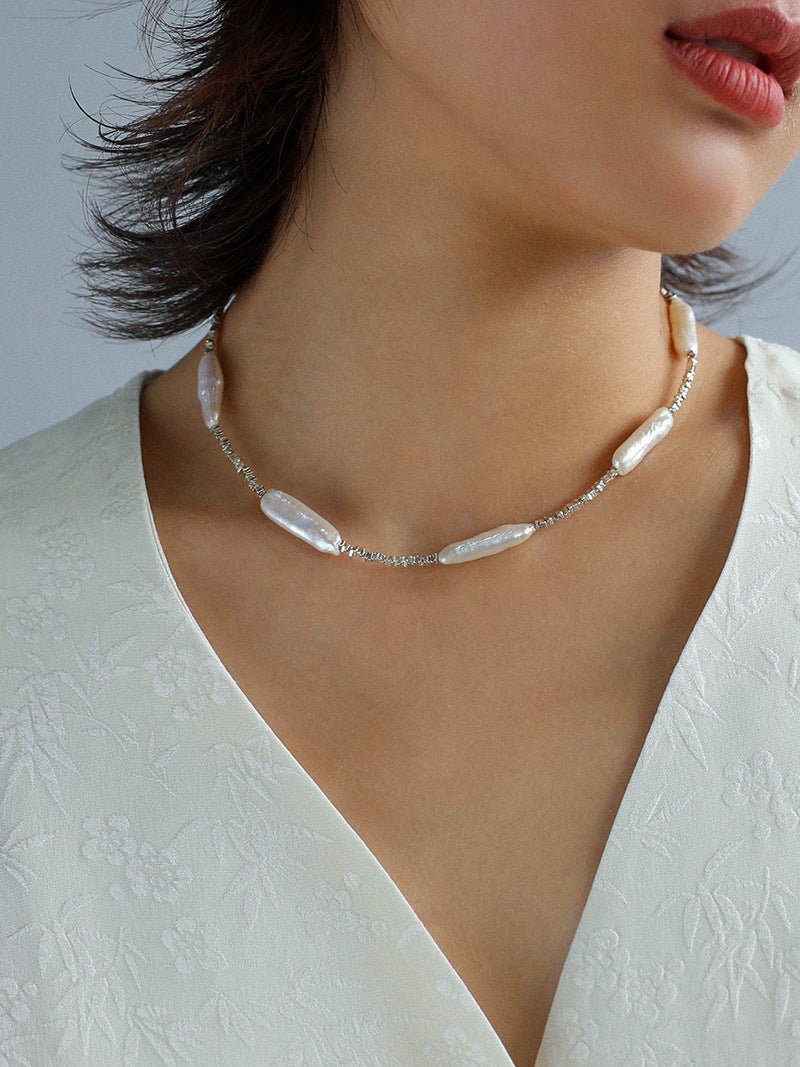Broken Silver Toothpick Freshwater Pearl Necklaces - floysun