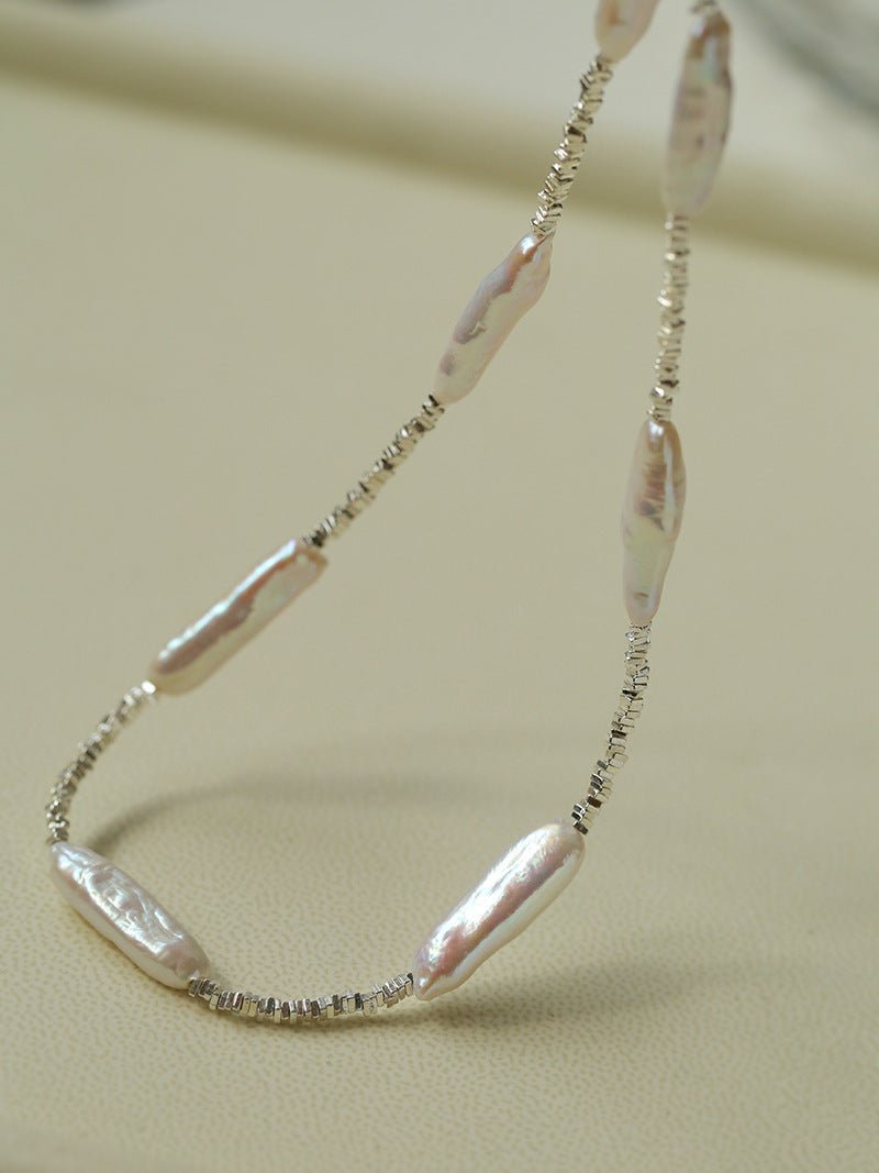 Broken Silver Toothpick Freshwater Pearl Necklaces - floysun