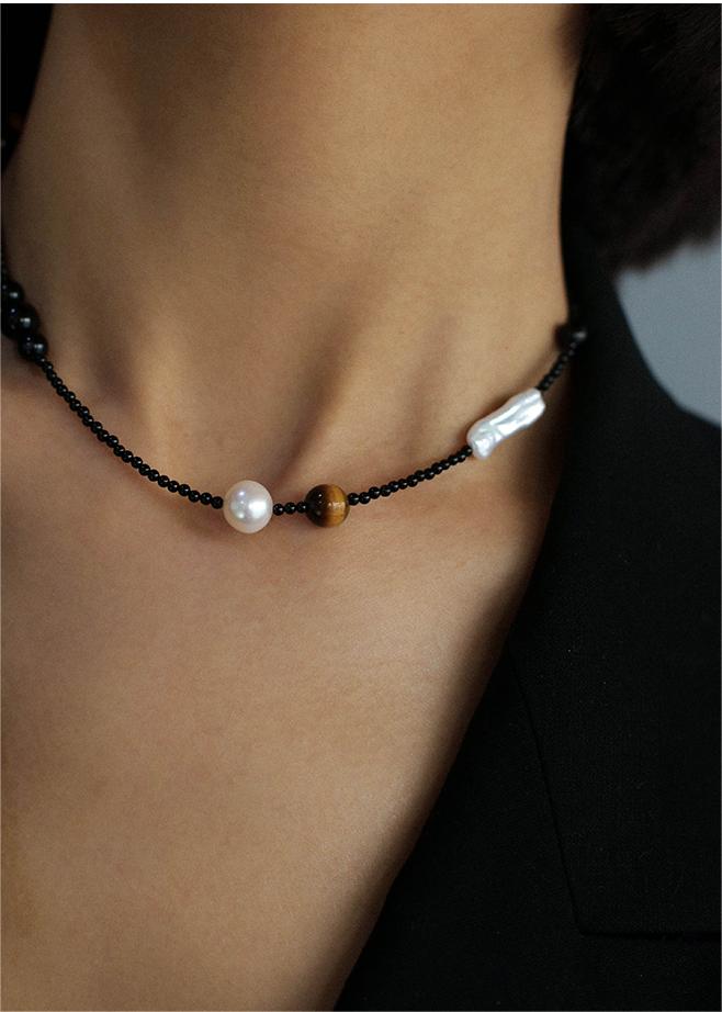 Contrasting Aesthetics Black Onyx Tiger Eye Stone Necklace - floysun