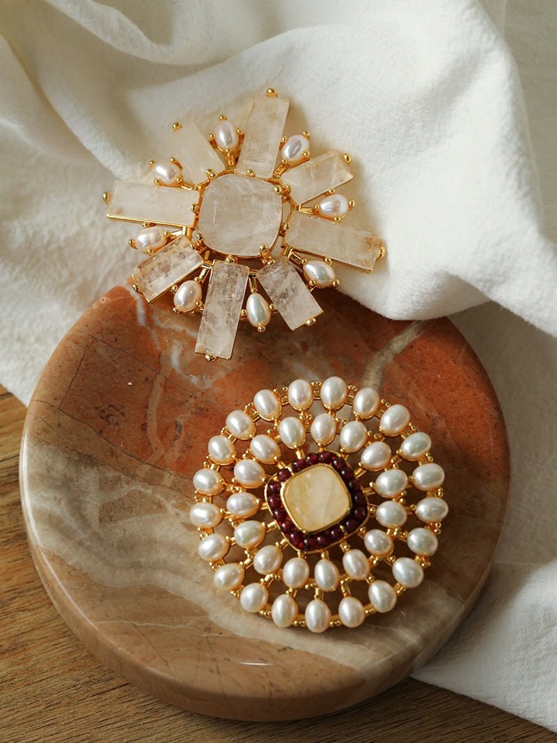 Crystal Cross Brooch & Sunflower Pearl Brooch - floysun