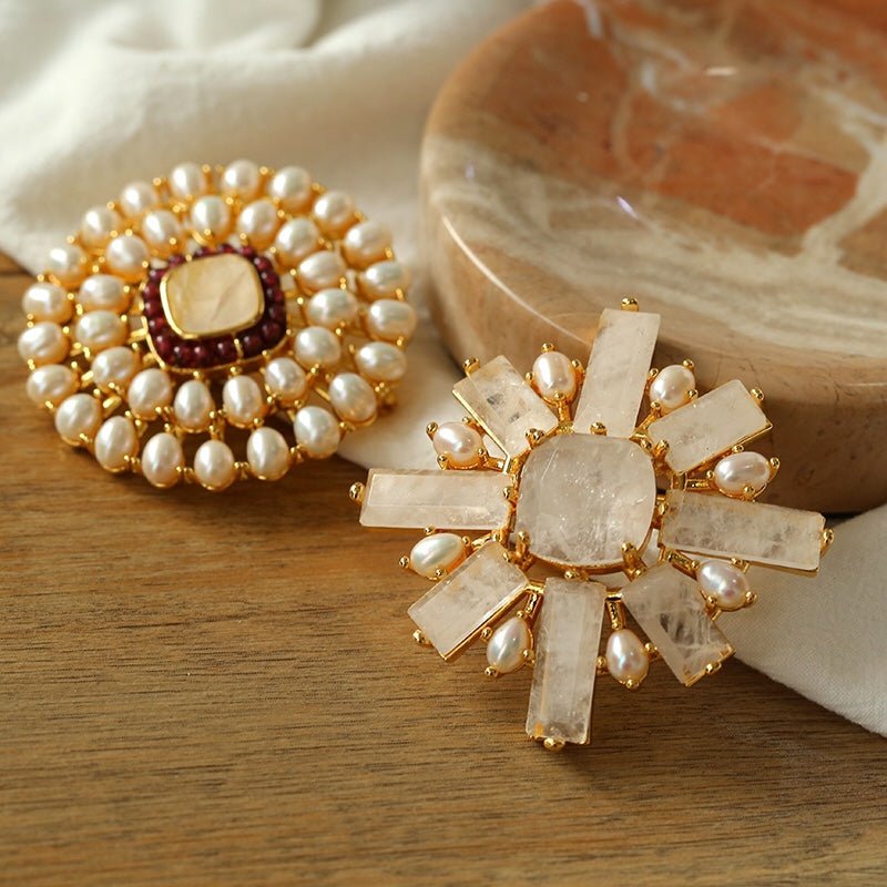 Crystal Cross Brooch & Sunflower Pearl Brooch - floysun