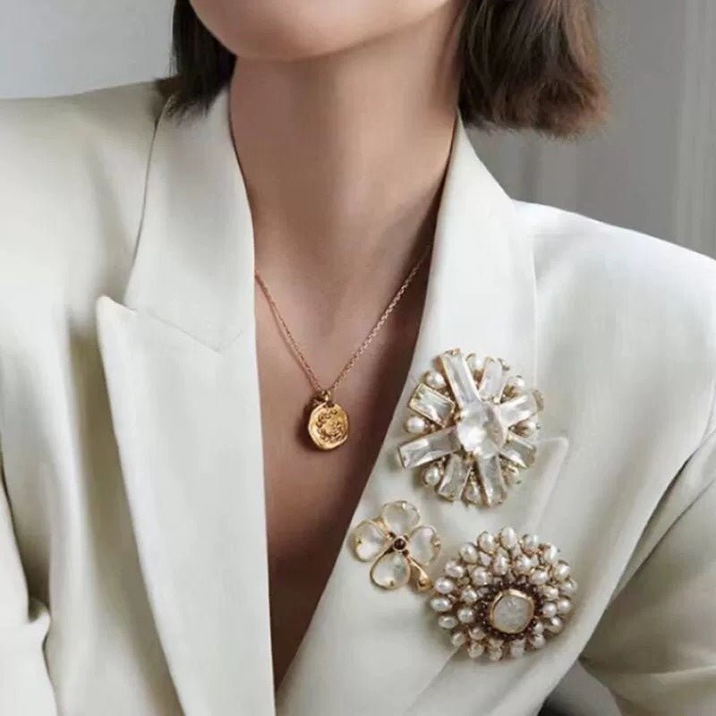 Crystal Cross Brooch & Sunflower Pearl Brooch - floysun