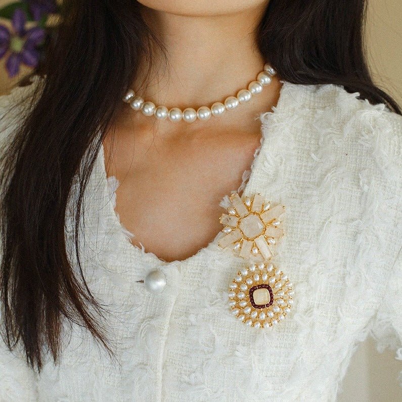 Crystal Cross Brooch & Sunflower Pearl Brooch - floysun