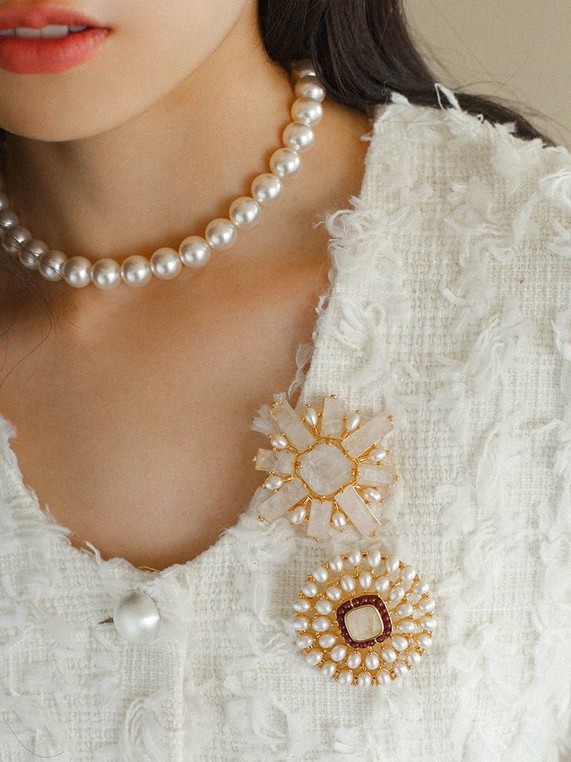 Crystal Cross Brooch & Sunflower Pearl Brooch - floysun