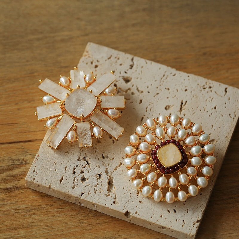 Crystal Cross Brooch & Sunflower Pearl Brooch - floysun