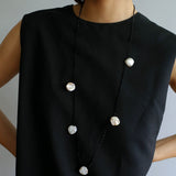 Five Large Petal Baroque Pearls Black Spinel Necklace - floysun