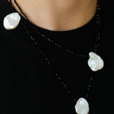 Five Large Petal Baroque Pearls Black Spinel Necklace - floysun