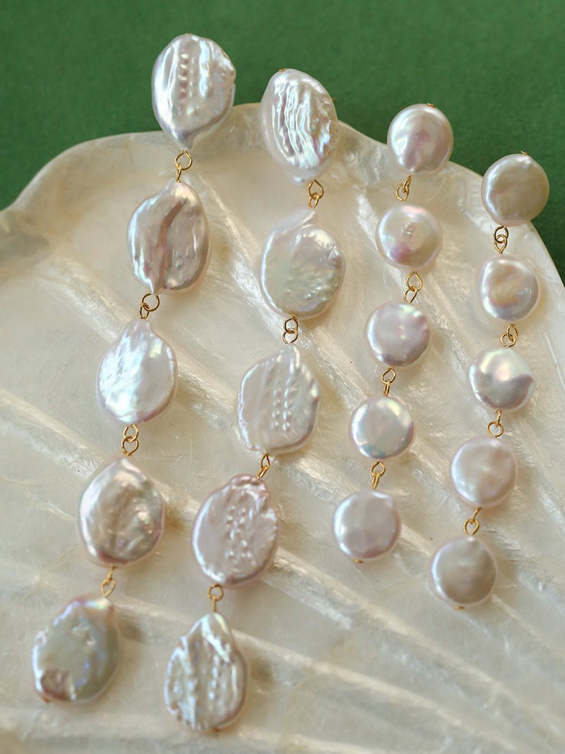 Flat Round Freshwater Baroque Long Earrings - floysun