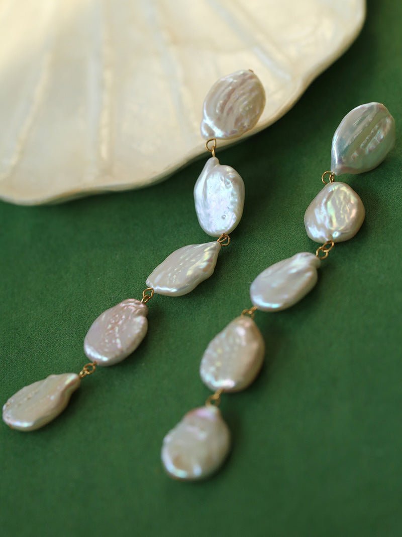 Flat Round Freshwater Baroque Long Earrings - floysun