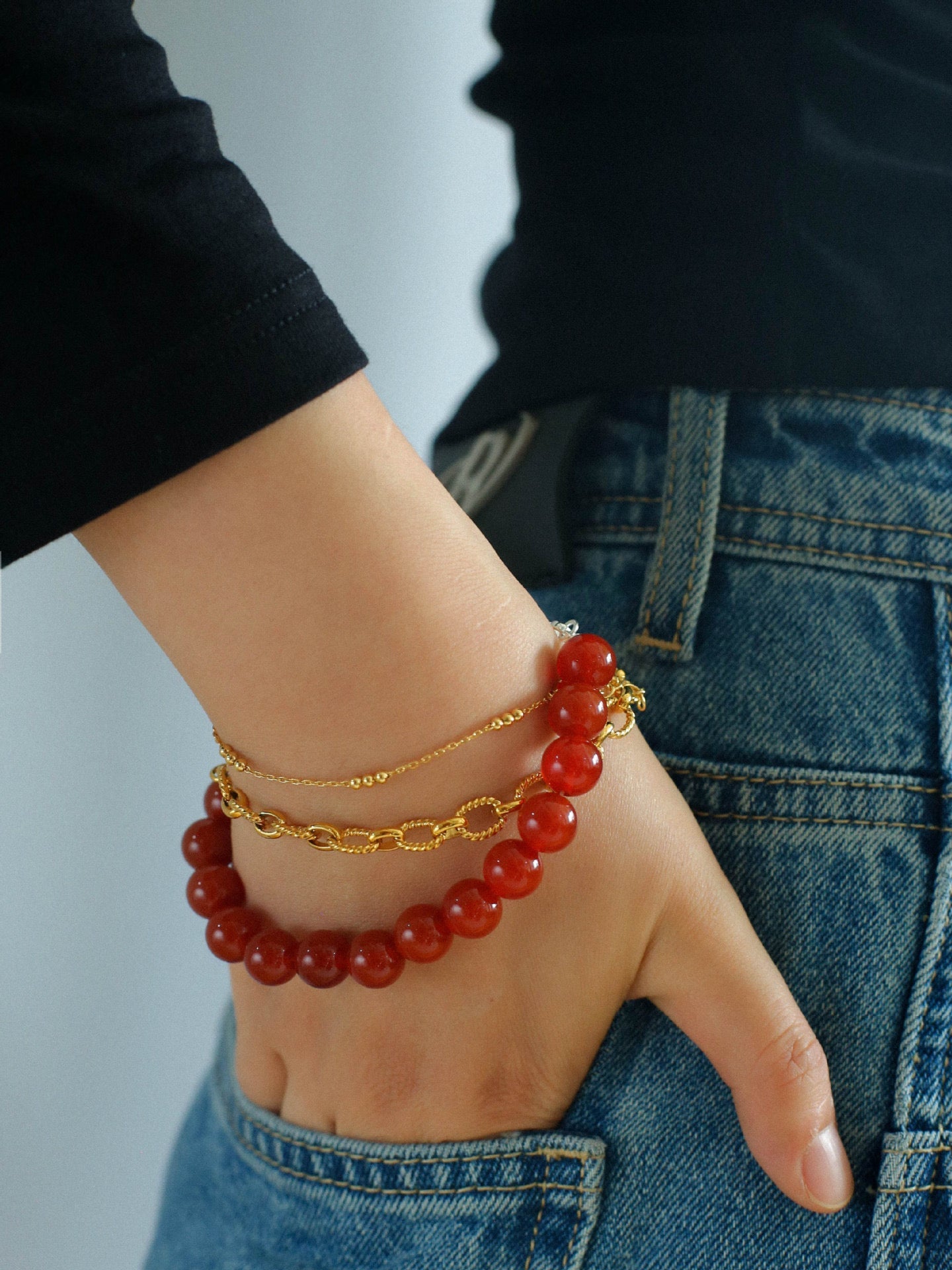 Gemstone Bracelet: Black Onyx, Red Agate, and Yellow Jade - floysun