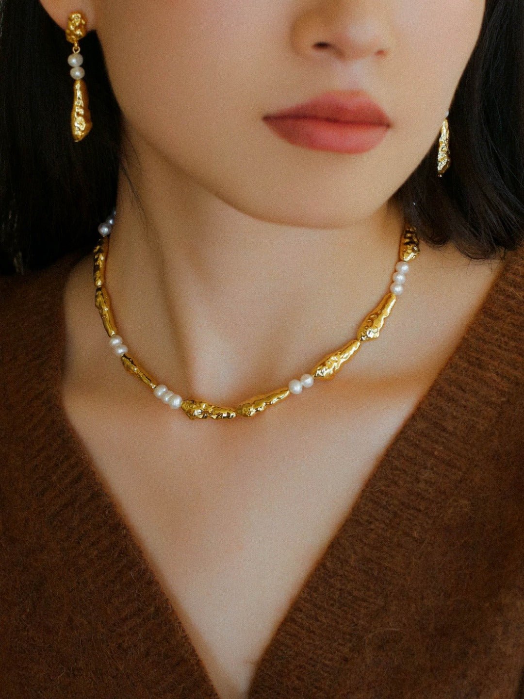 Geometric Irregular Metal Toothpick Spliced Round Pearl Necklace - floysun