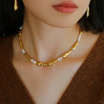 Geometric Irregular Metal Toothpick Spliced Round Pearl Necklace - floysun