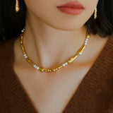Geometric Irregular Metal Toothpick Spliced Round Pearl Necklace - floysun