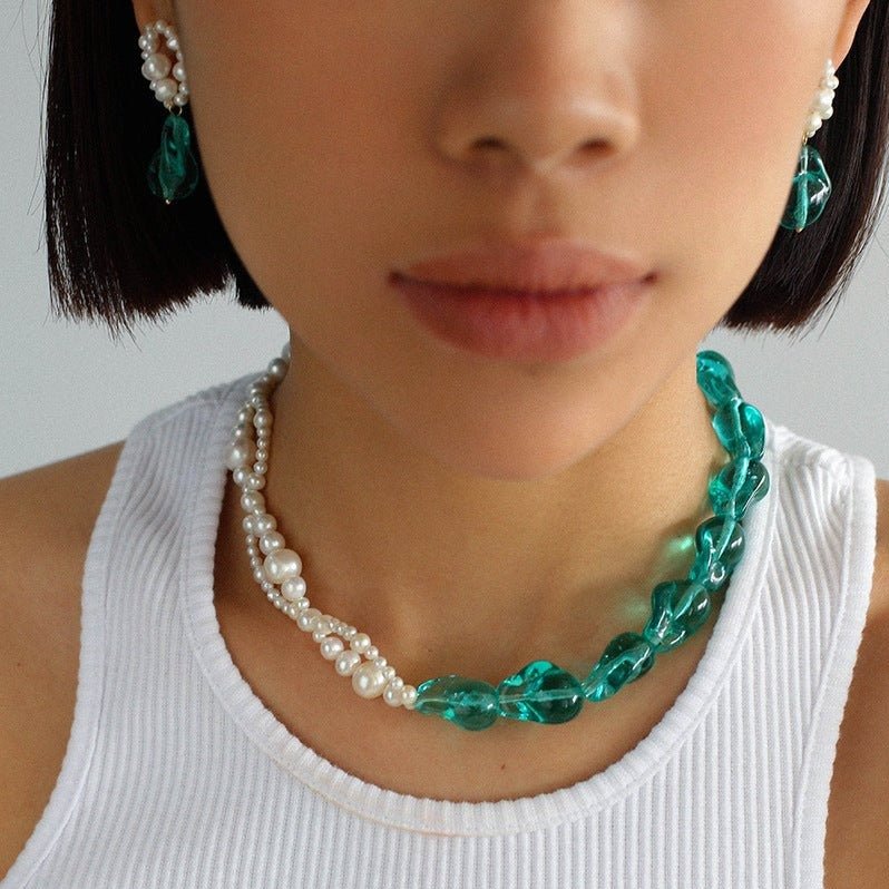 Green Baroque Glass & Pearl Double Layer Wrap Necklace - floysun