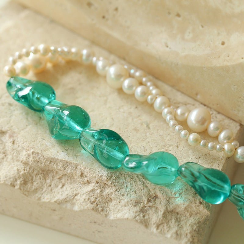 Green Baroque Glass & Pearl Double Layer Wrap Necklace - floysun