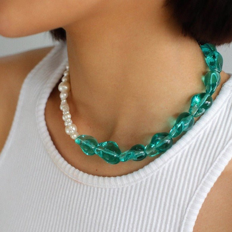 Green Baroque Glass & Pearl Double Layer Wrap Necklace - floysun