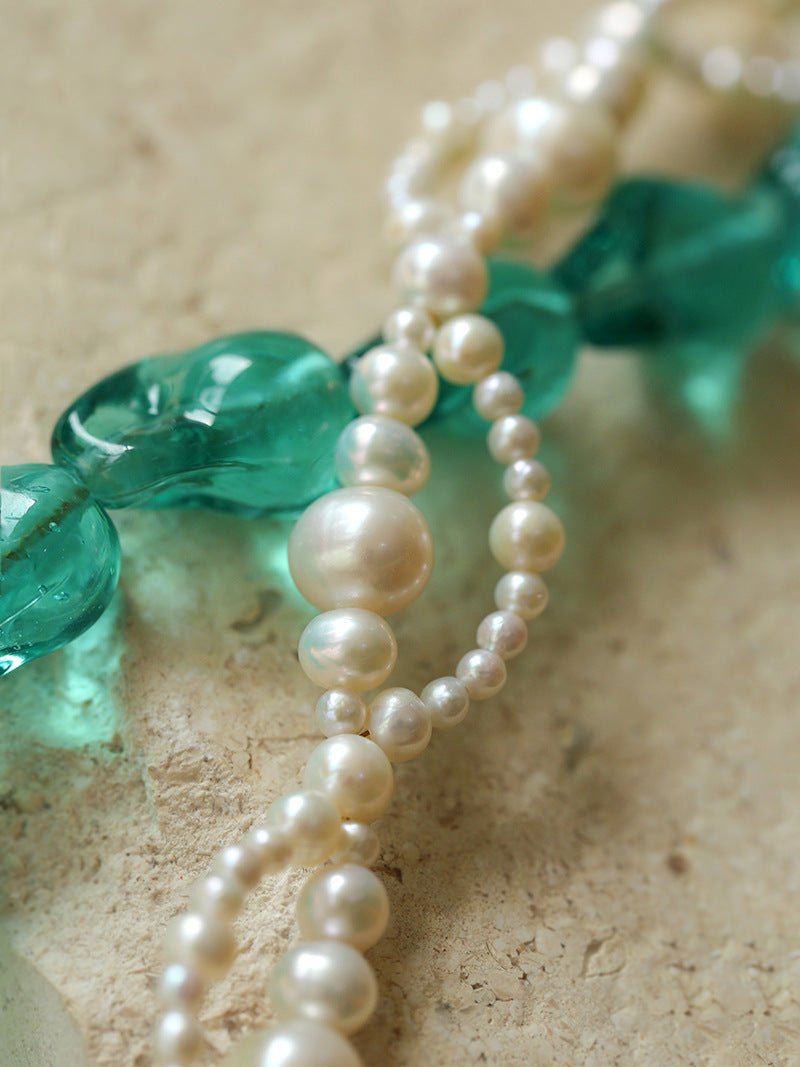 Green Baroque Glass & Pearl Double Layer Wrap Necklace - floysun