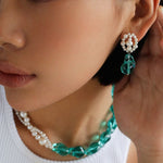 Green Baroque Glass & Pearl Woven Earrings - floysun