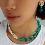 Green Baroque Glass & Pearl Woven Earrings - floysun