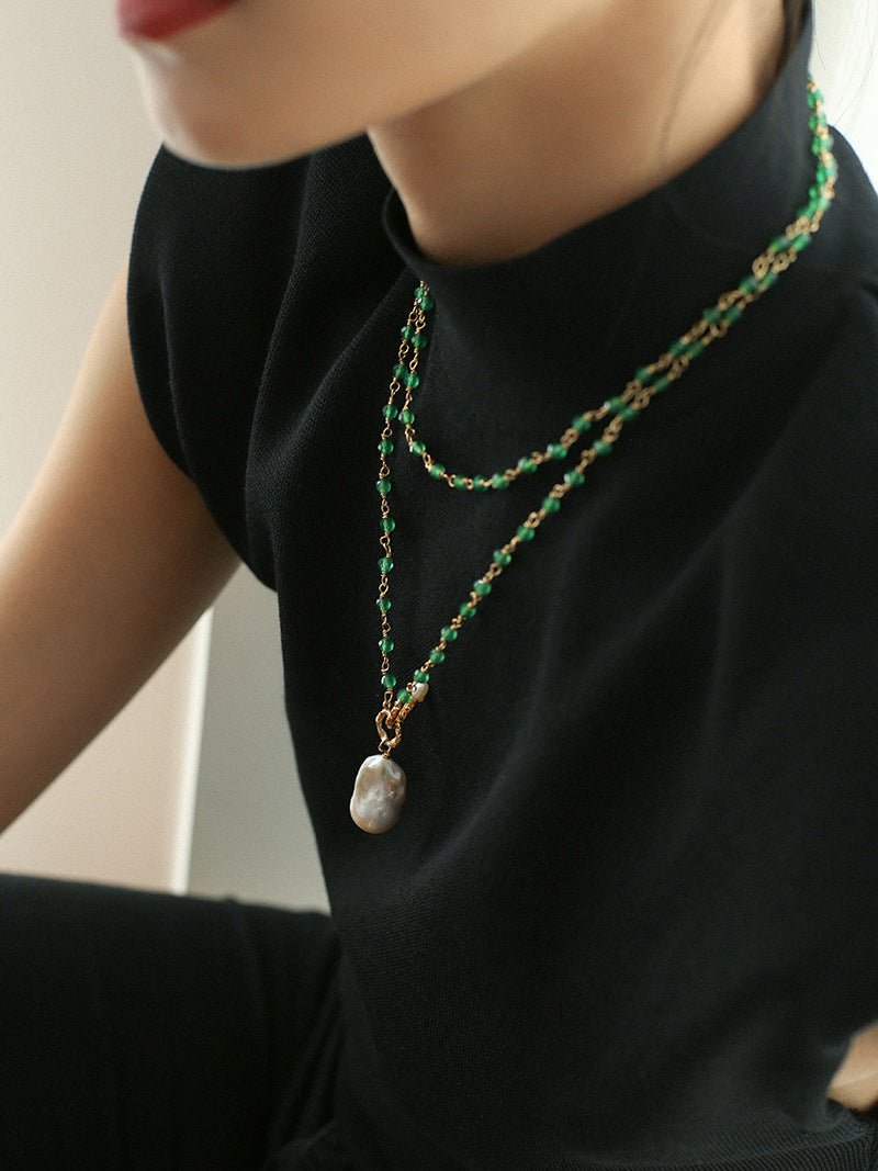 Green Onyx Baroque Pearl Necklace Multilayer Long Sweater Chain - floysun