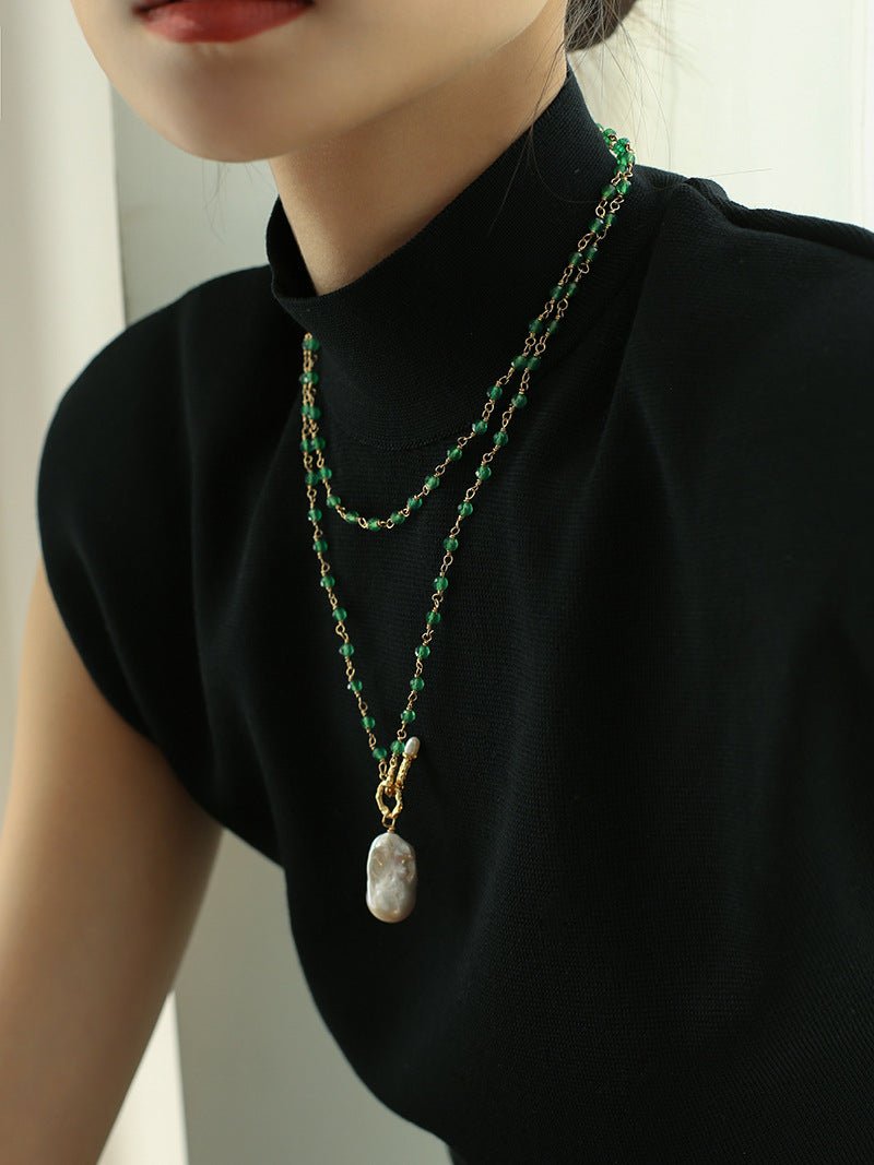 Green Onyx Baroque Pearl Necklace Multilayer Long Sweater Chain - floysun